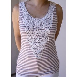 White & Tan Tank with Macrame Lace